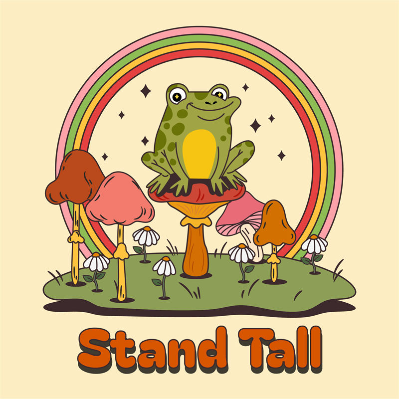 复古彩虹蘑菇与青蛙的梦幻服装印花