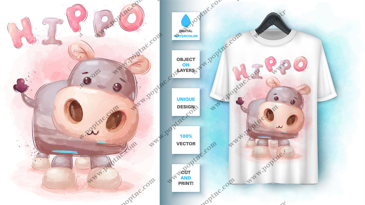 可爱卡通小河马裁片印花设计,适合儿童服装印花