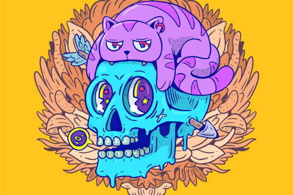 超酷猫头骨与羽毛纹样服装印花设计