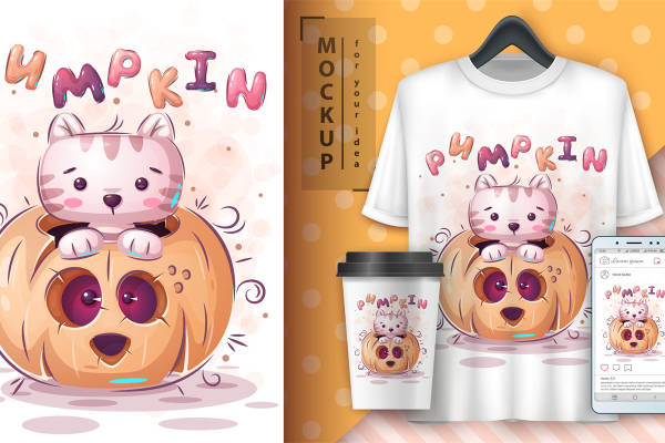 可爱猫咪南瓜裁片印花，秋季服装印花设计