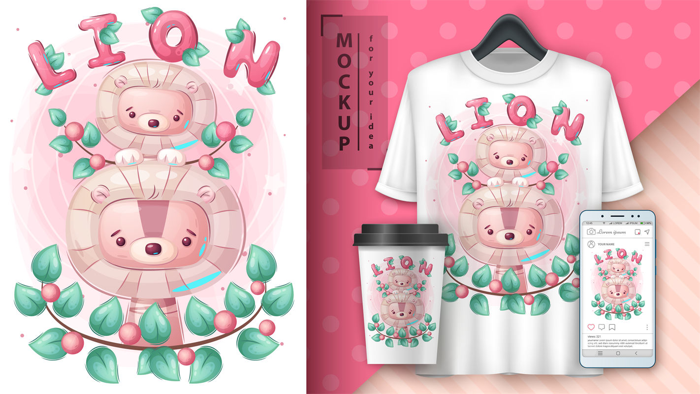 粉色花环狮子印花：可爱狮子图案服装印花设计