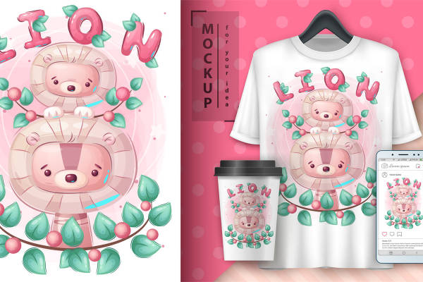 粉色花环狮子印花：可爱狮子图案服装印花设计