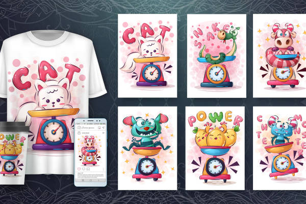 可爱动物平衡秤印花设计，适合儿童服装印花