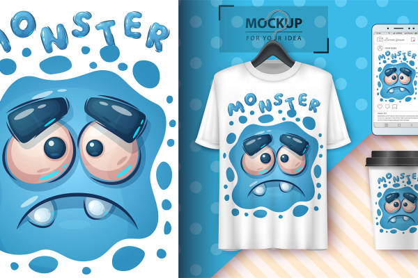 可爱蓝怪兽裁片印花设计，时尚趣味服装印花