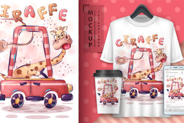 可爱长颈鹿驾驶玩具车，裁片印花服装设计