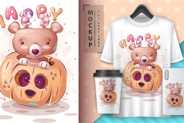 可爱小熊南瓜灯裁片印花设计，适合秋季服装印花