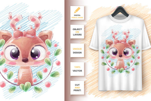 可爱小鹿头像裁片印花设计，适合儿童服装印花