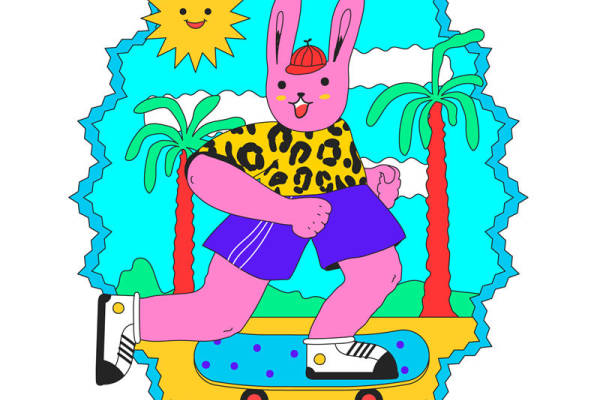 夏日海滩风情裁片印花：粉色兔子滑板手绘图案服装印花