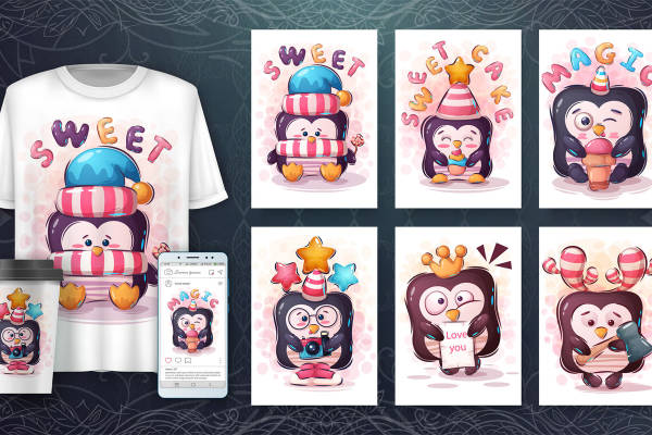 可爱企鹅裁片印花：甜蜜蛋糕主题服装印花设计