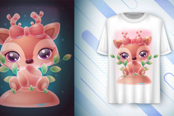 萌趣鹿角小鹿裁片印花，可爱动物图案服装印花