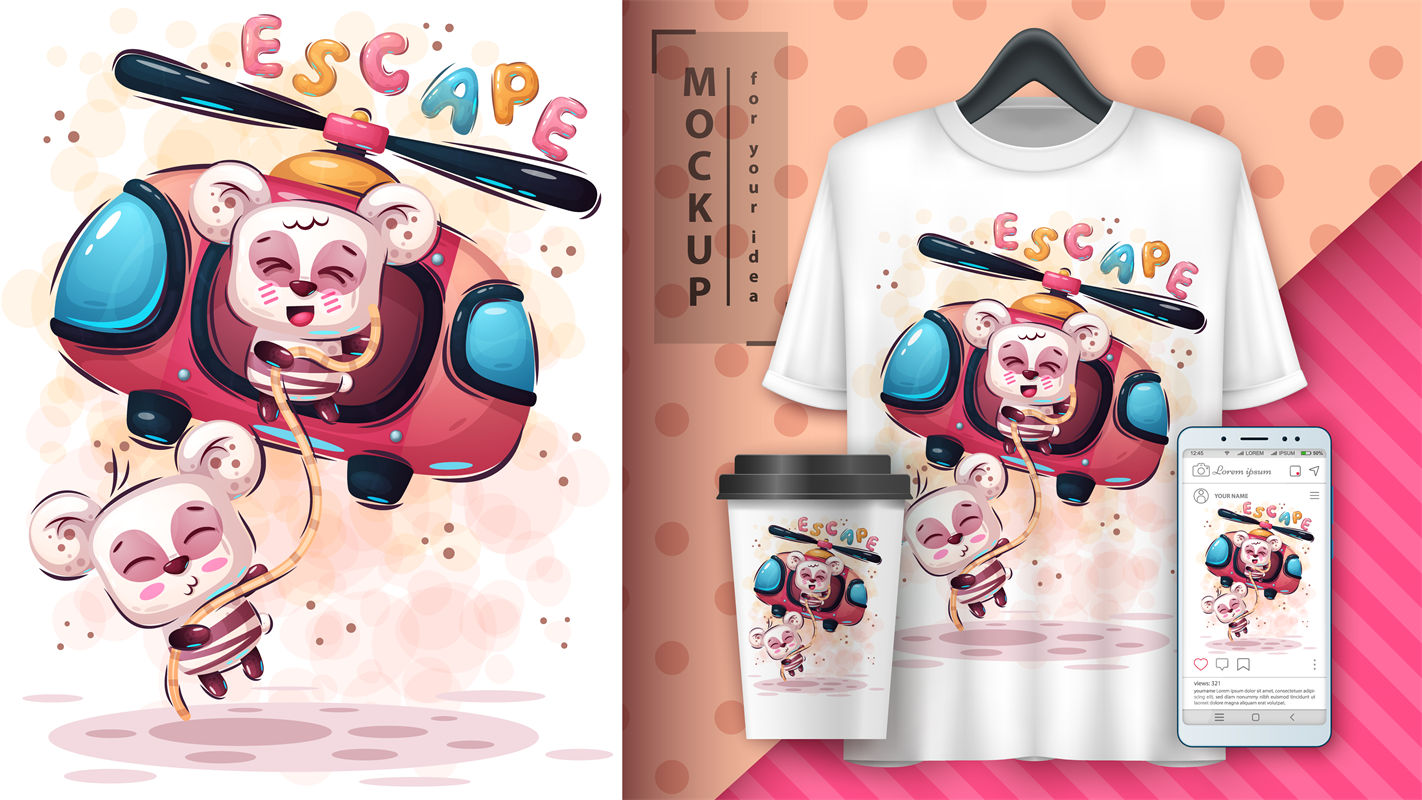 萌趣熊猫直升机逃离，服装印花创意设计