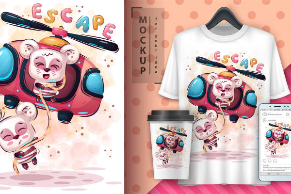 萌趣熊猫直升机逃离，服装印花创意设计