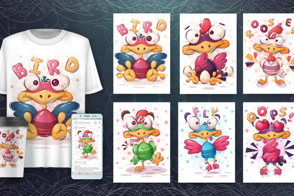 可爱卡通鸡印花设计，适合儿童服装裁片印花