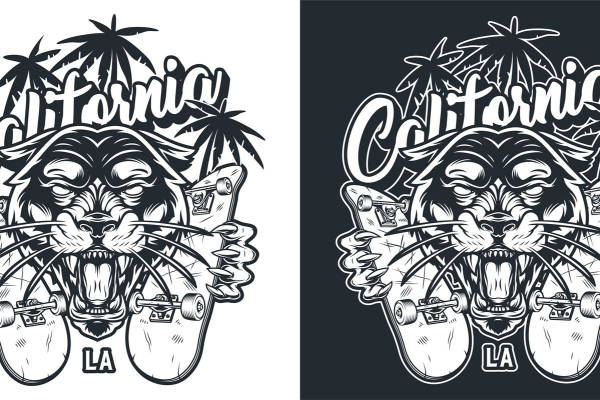 加州虎头滑板图案裁片印花设计，时尚街头风服装印花