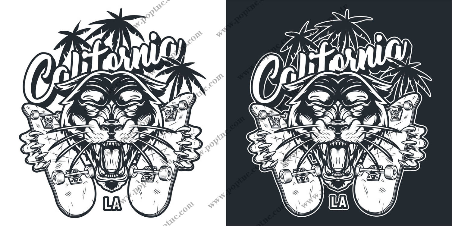 加州虎头滑板图案裁片印花设计,时尚街头风服装印花