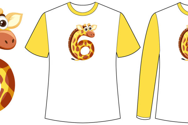 卡通数字6长颈鹿印花T恤设计，时尚裁片印花服装