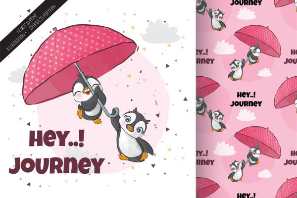 萌趣企鹅撑伞裁片印花，打造可爱服装印花