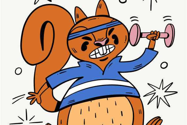 活力橙色松鼠健身图案裁片印花，时尚运动风服装印花设计