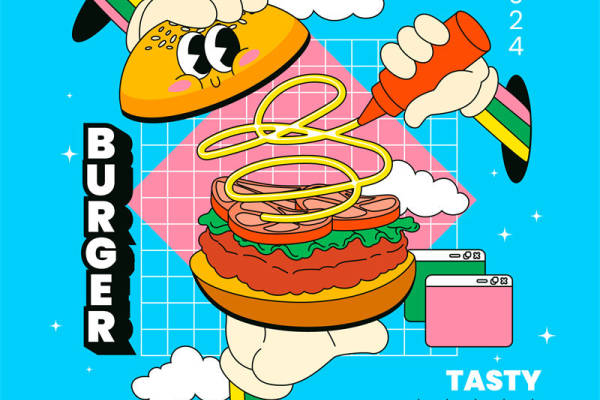 复古风汉堡裁片印花服装设计，适合街头潮流