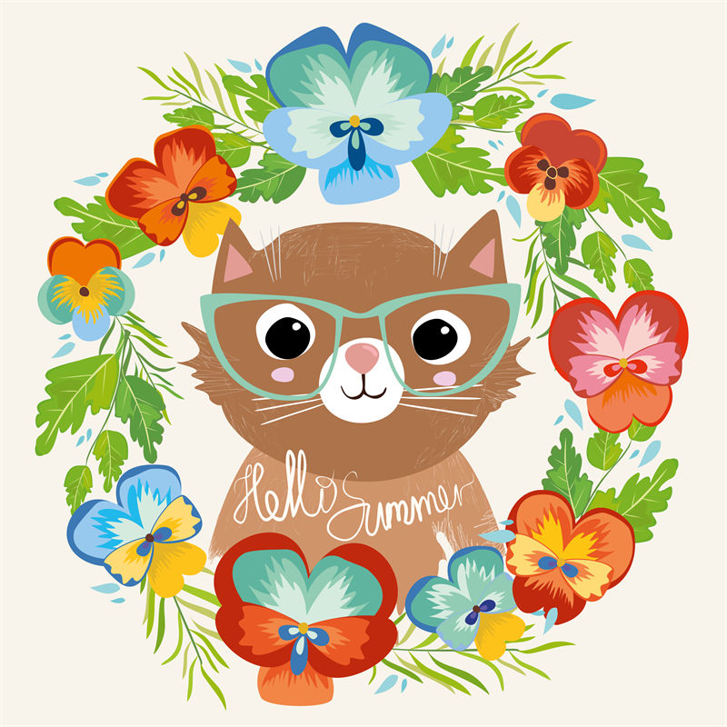 夏日花语：萌猫眼镜花环服装印花设计