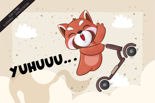 可爱红狐骑滑板车的裁片印花服装设计