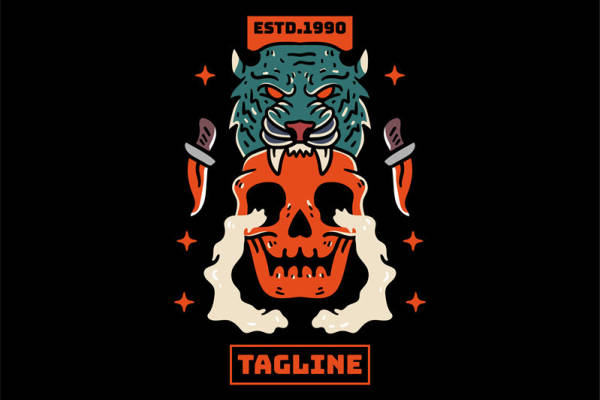 暗黑风老虎头骨印花裁片，时尚街头风服装印花