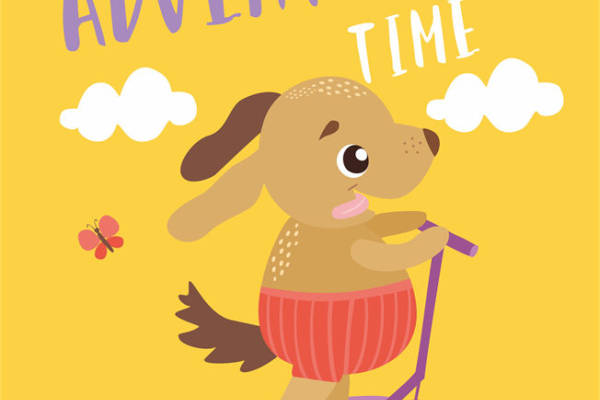 萌趣小狗骑滑板，创意裁片印花服装