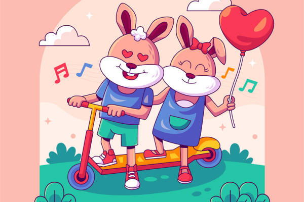 可爱兔子骑滑板车的裁片印花服装设计