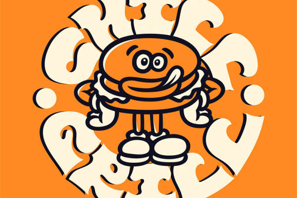 橙色卡通人物服装印花设计，创意裁片印花图案