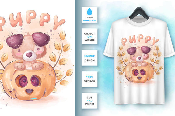 可爱小狗南瓜灯裁片印花设计，适合秋季服装印花