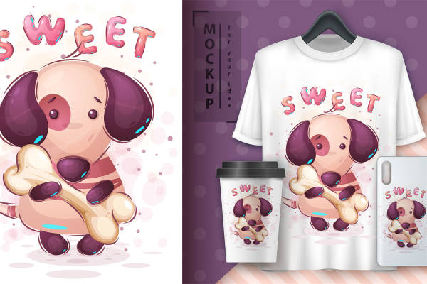 可爱小狗抱骨头印花，时尚裁片印花服装