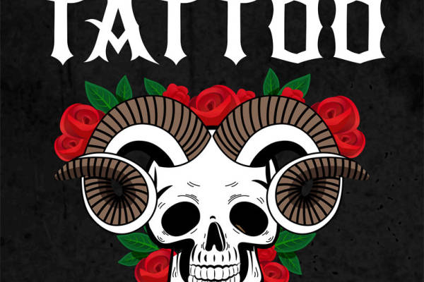 复古纹身风格服装印花：精美羊头骨与玫瑰花环设计