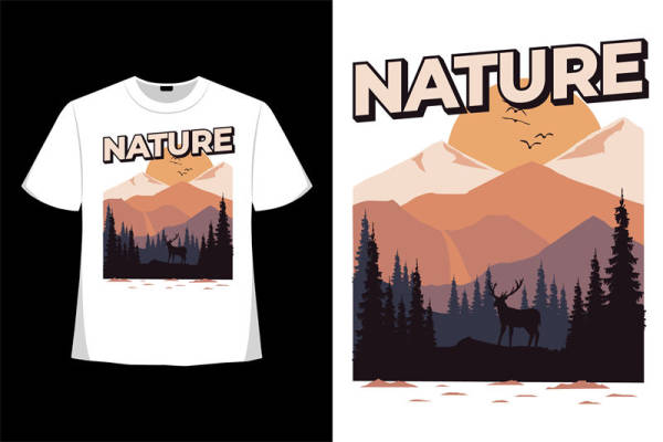 自然山景裁片印花T恤，户外休闲服装印花