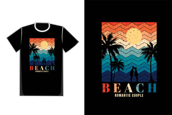 浪漫情侣海滩剪影印花T恤 裁片印花服装