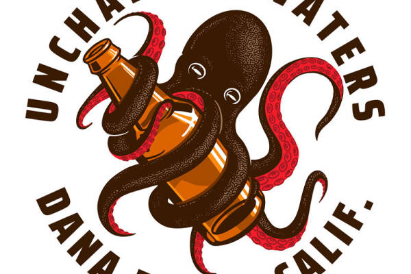 创意海洋风服装印花：深海章鱼与啤酒瓶的完美结合