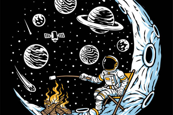 月球上的野营：宇航员在月球上烤火的创意裁片印花服装