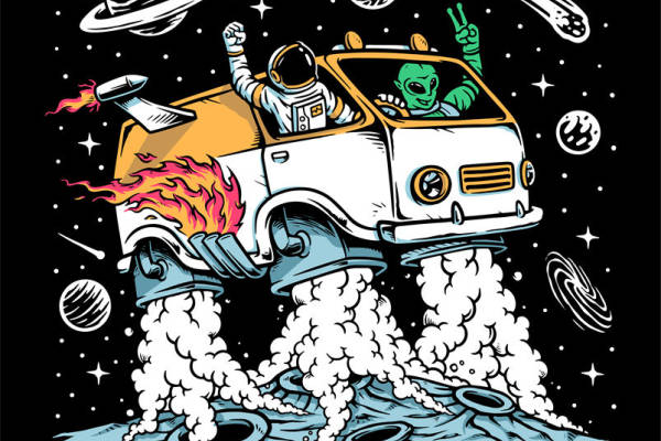 外太空探险：宇航员与外星人驾驶飞船的裁片印花服装