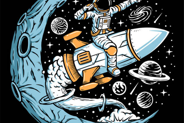 月球探险者：宇航员与火箭的裁片印花服装