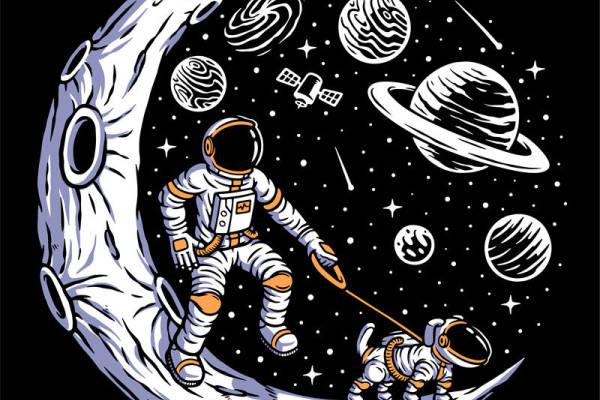 月球漫步：宇航员与小狗的宇宙冒险服装印花
