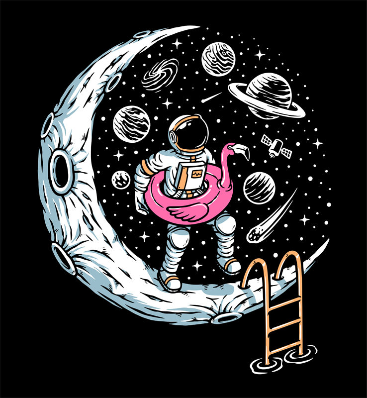 太空探险：宇航员与粉色火烈鸟的奇幻之旅服装印花