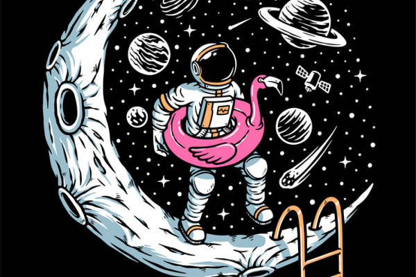 太空探险:宇航员与粉色火烈鸟的奇幻之旅服装印花