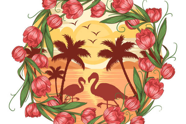 热带风情红郁金香与火烈鸟的浪漫服装印花