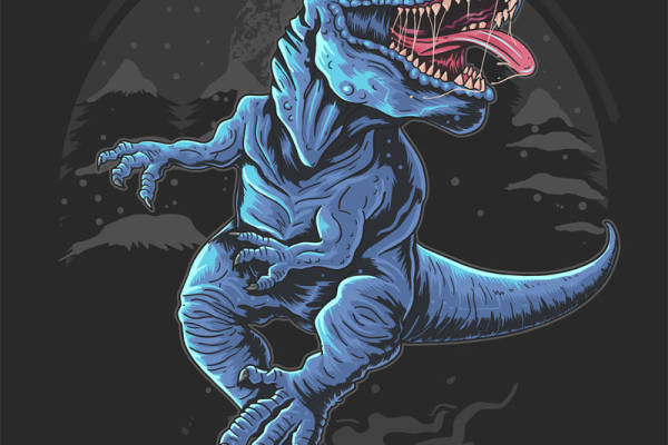 蓝色霸王龙裁片印花：复古风服装印花设计