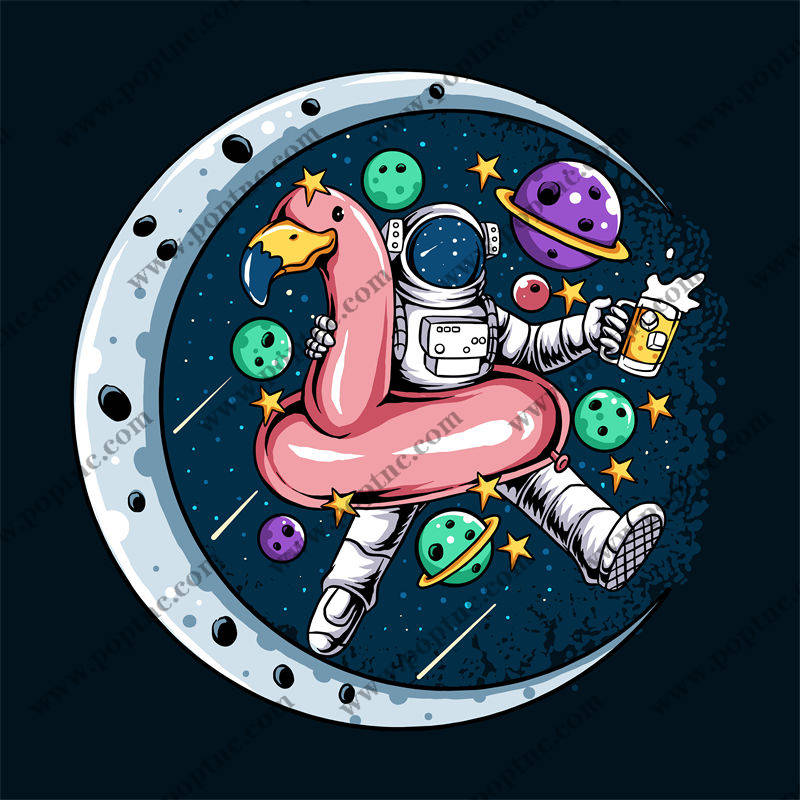太空探险宇航员与粉色火烈鸟的奇幻之旅服装印花