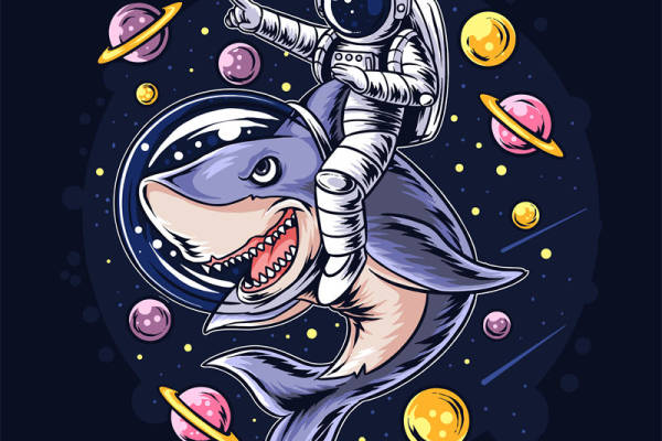 太空鲨鱼宇航员裁片印花：创意服装印花设计