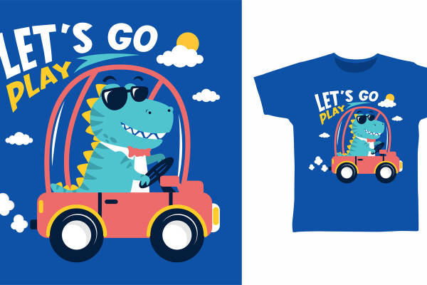 恐龙驾驶小汽车的趣味裁片印花设计,适合儿童服装印花