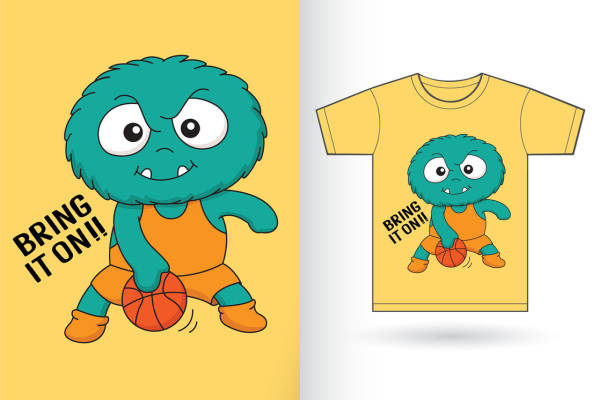 卡通怪兽篮球印花图案，适合服装裁片印花