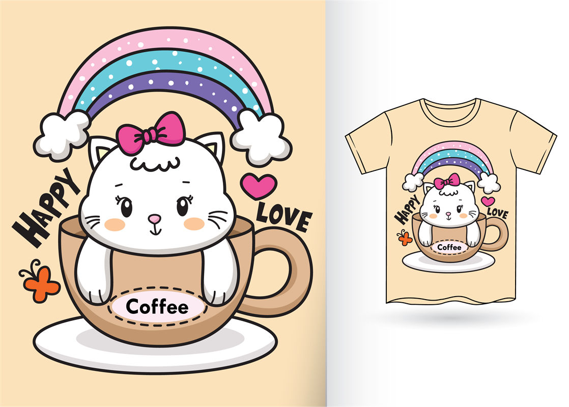 可爱猫咪咖啡杯印花：服装印花新选择