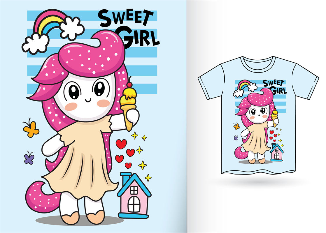 可爱女孩冰淇淋甜品印花图案服装裁片印花