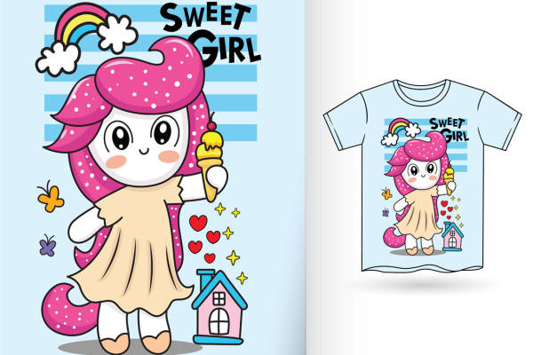 可爱女孩冰淇淋甜品印花图案服装裁片印花